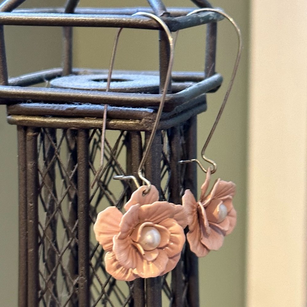 Dainty peach flower drop earring.